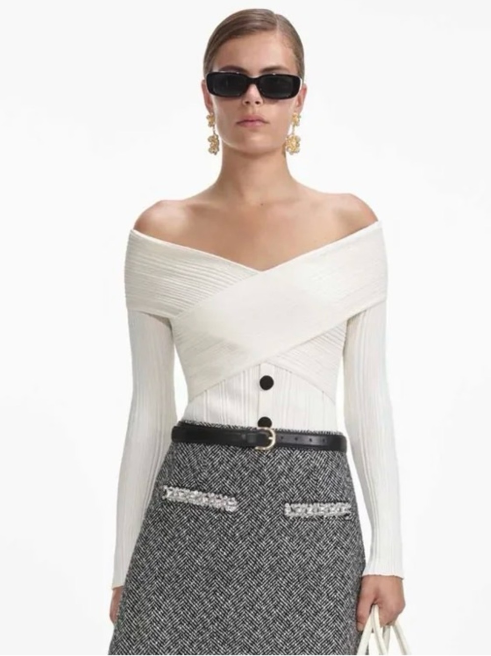 Self Portrait Cream Off-Shoulder Knit Top Women Size Small Retail $395